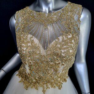 Gold Embroidered Illusion Bodice Maxi Dress - Elegant Evening Gown